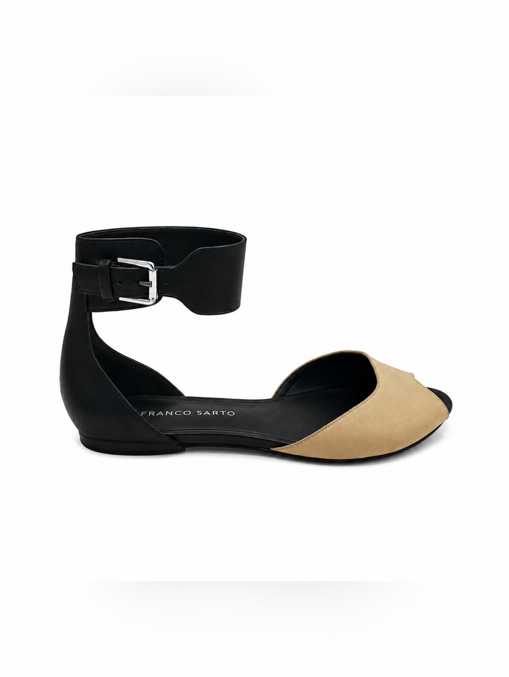 Franco Sarto Adonia Ankle Strap Flats Beige Black Leather 7.5